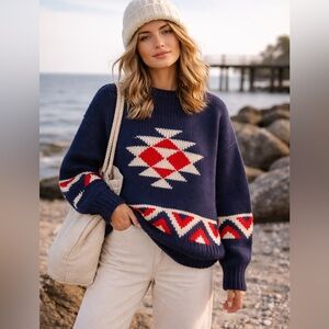 Collectif vintage wool blend sweater red cream and blue women’s size large